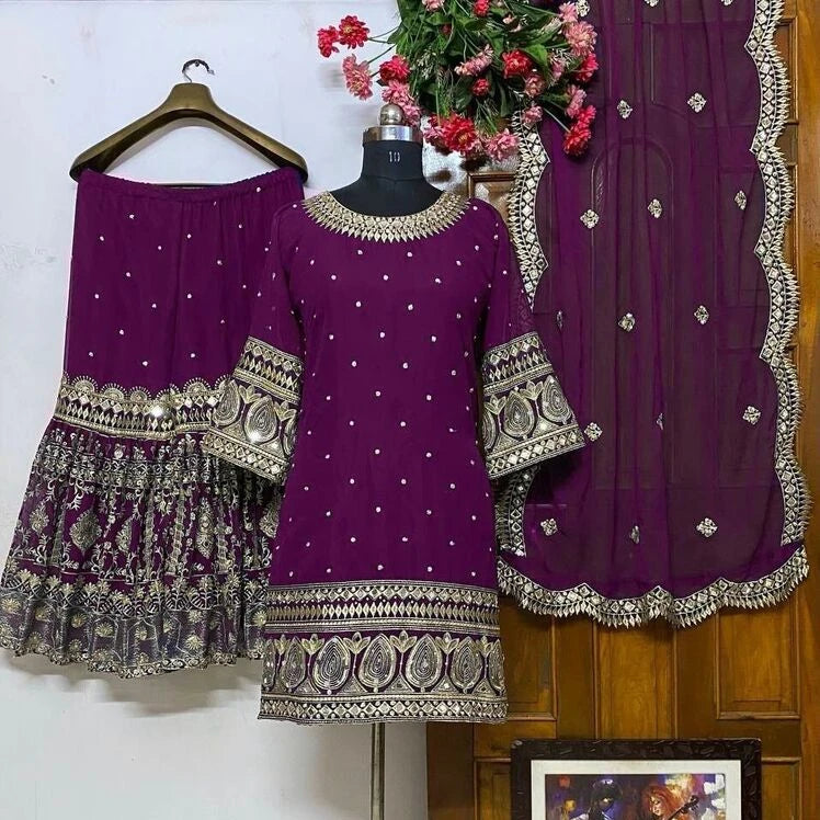 Salwar Kameez Purple 3-piece Round Neck Long Sleeves Dupatta Pants Handmade Hot Stamping Printing Decoration