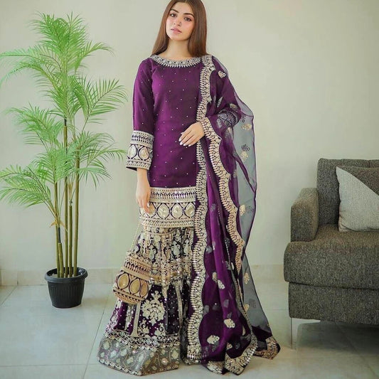 Salwar Kameez Purple 3-piece Round Neck Long Sleeves Dupatta Pants Handmade Hot Stamping Printing Decoration